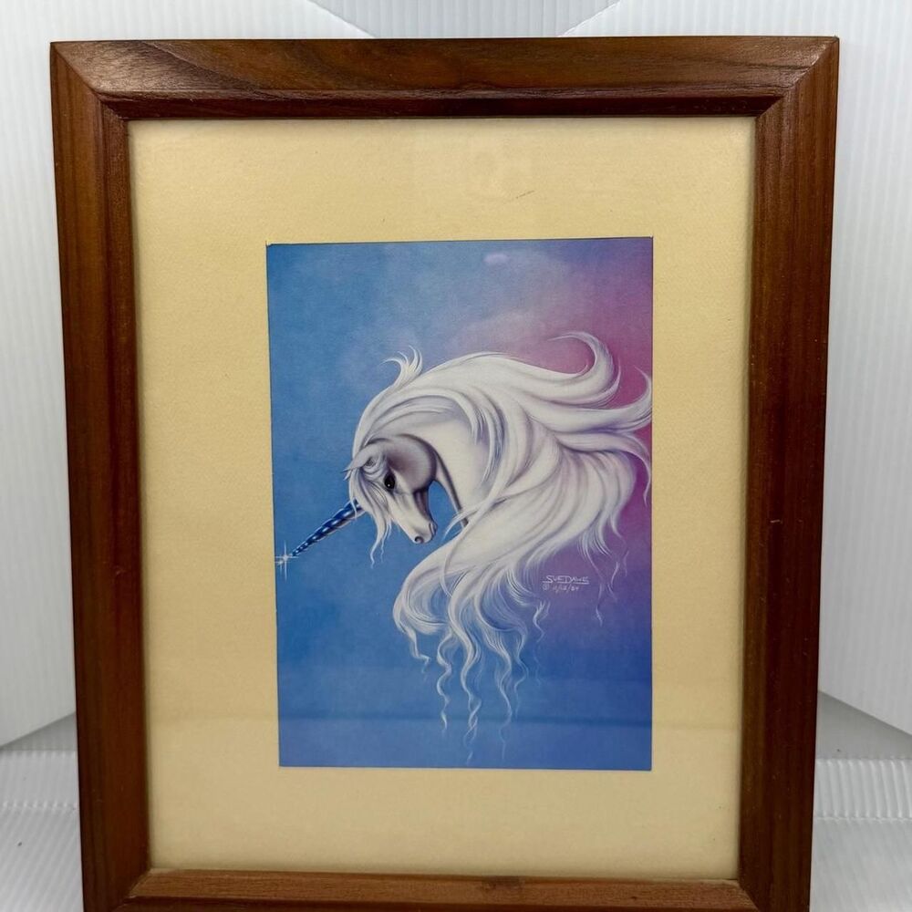 1984 Sue Dawe White Unicorn on Blue & Purple background Art Print 8x11 Vintage